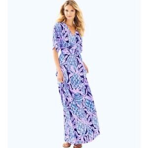 Lilly Pulitzer Parigi Stretch Maxi Dress Lilac Verbena Small Colorful V-Neck